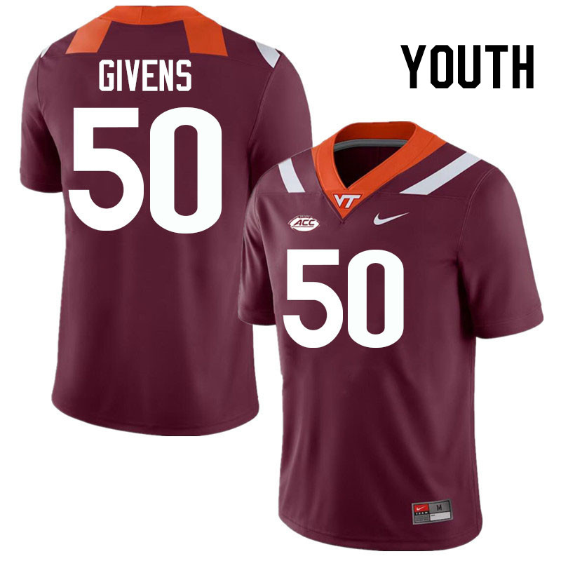 Youth #50 Gunner Givens Virginia Tech Hokies College Football Jerseys Stitched-Maroon